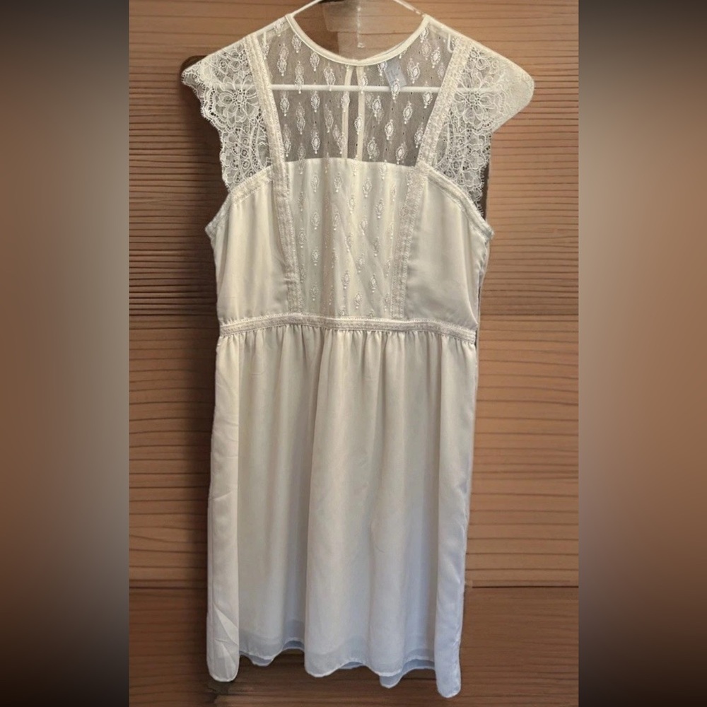 H&M White Ivory Lace Mini Dress Womens Large Boho Cottagecore Sheer‎ Embroidered